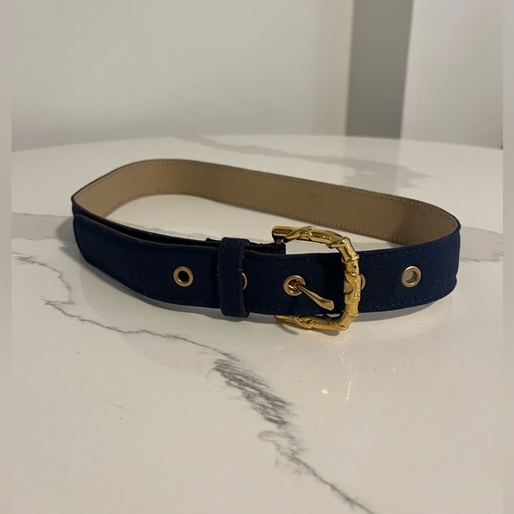 AUTHENTIC EMILIO PUCCI Gold Buckle Waist Belt Leather Trim Blue Size XS-S - Picture 3 of 10